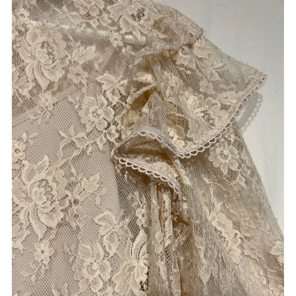 Victorian Beige Floral Lace Ruffle Mock Neck Long Sleeve Blouse Medium Tank - Picture 3 of 8